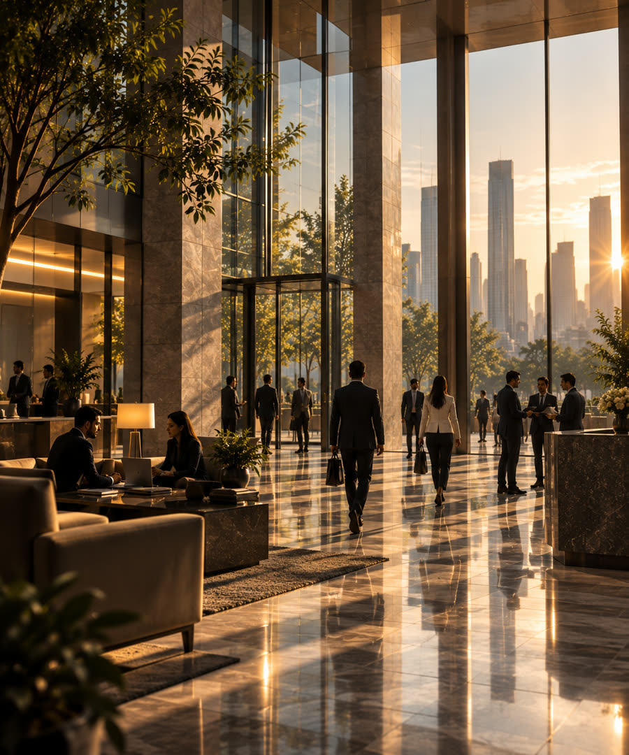 Professionals meeting in a sunlit marble office lobby with a city skyline view