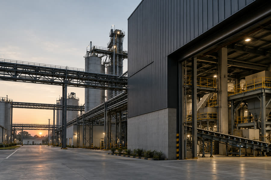 An industrial manufacturing plant with silos and conveyors at dawn