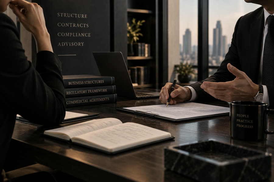 Two professionals reviewing a contract in a private office
