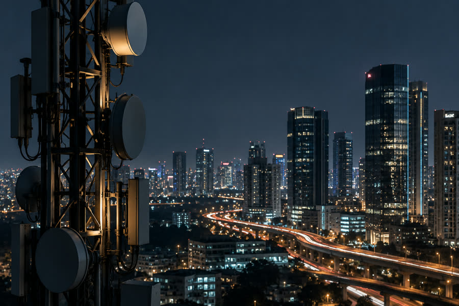 A telecom tower overlooking a lit-up city skyline at night